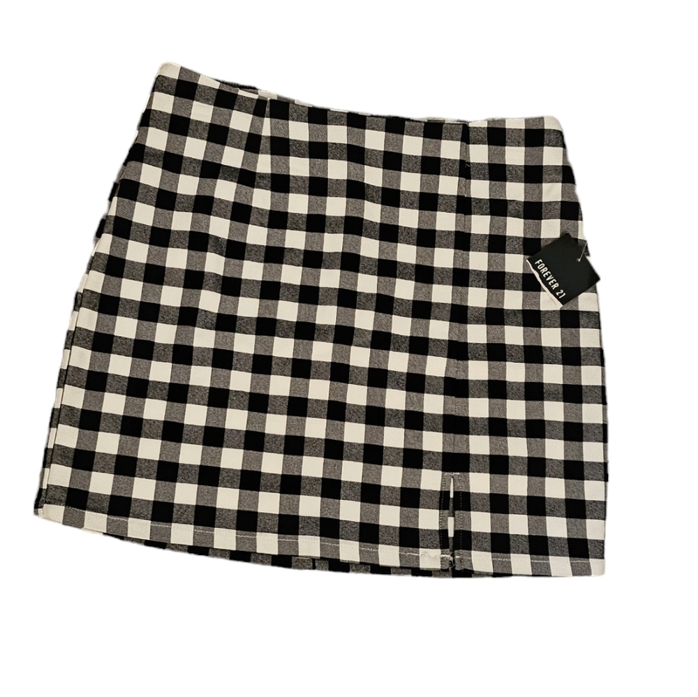 Forever 21 Buffalo Check Black & White Mini Skirt Rayon Poly Spandex Size M